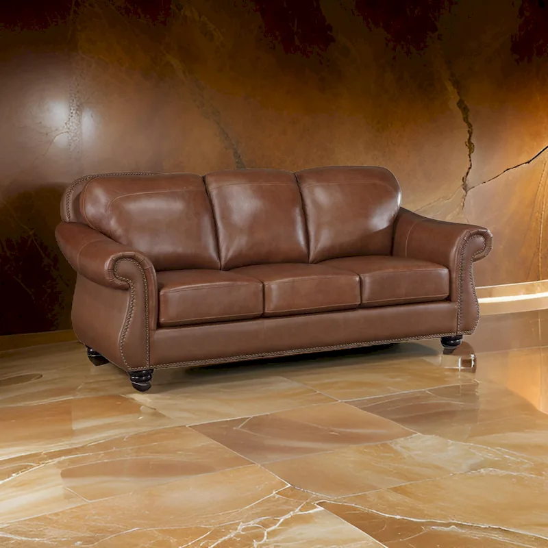 85 Inch Sofa, Camel Brown Top Grain and Faux Leather, Solid Wood Frame