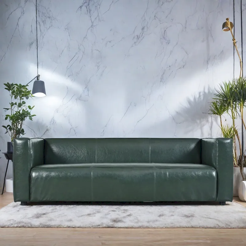 Green Contemporary Tuxedo PU Sofa with Birch Wood Block Legs - Fits 3 People