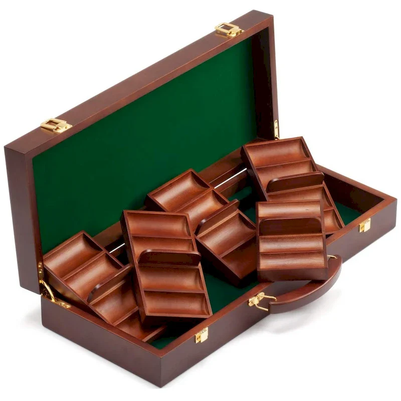 GSE 500pcs Casino Deluxe Wooden Poker Chip Case with 5 Wooden Chip Trays