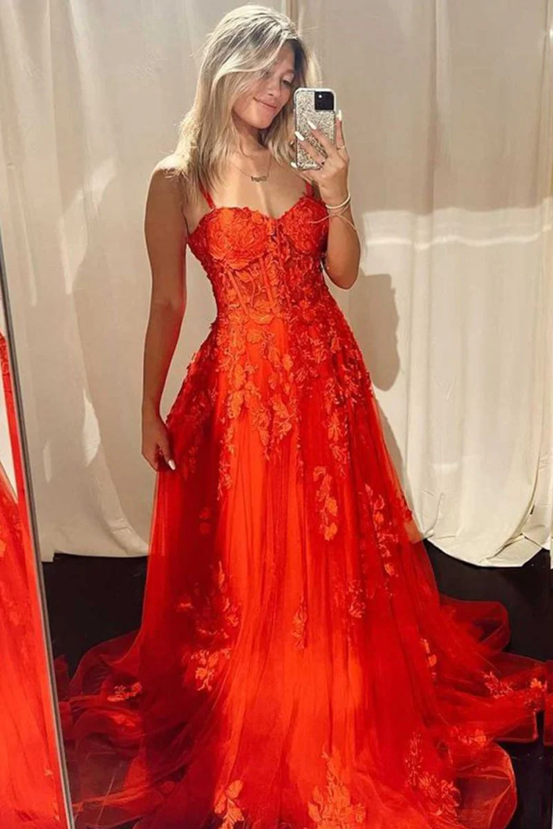 A-line Sweetheart Lace Tulle Prom Dress with Slit