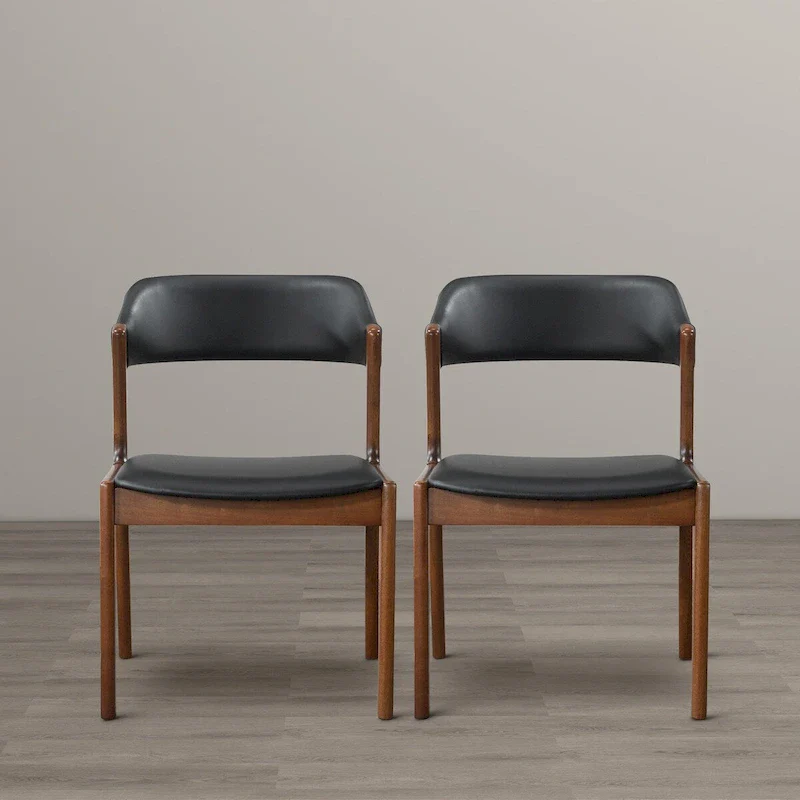 Mid-Century Modern Vegan Leather Dining Chairs with Walnut Base – Black / Medium Brown