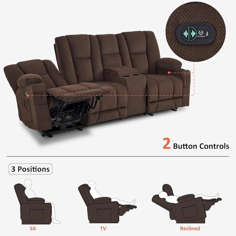 Electric Power Reclining Sofa with Massage and Lumbar Heat, Fabric