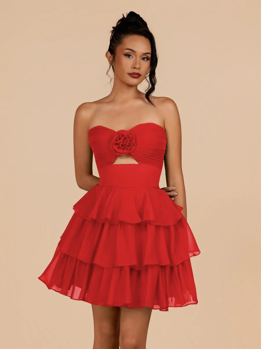 Red - Strapless A Line Chiffon Ruffles Homecoming Dresses With Flower