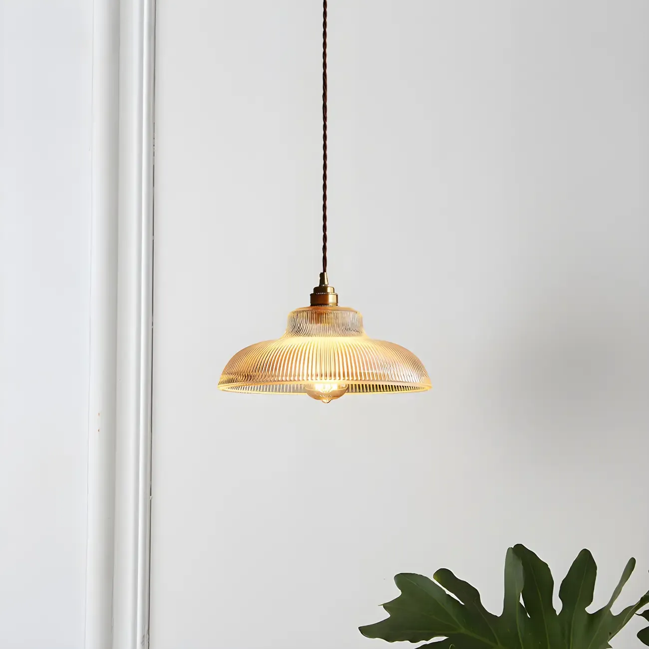 Industrial Adjustable Ribbed Glass Brass Bowl Pendant Light