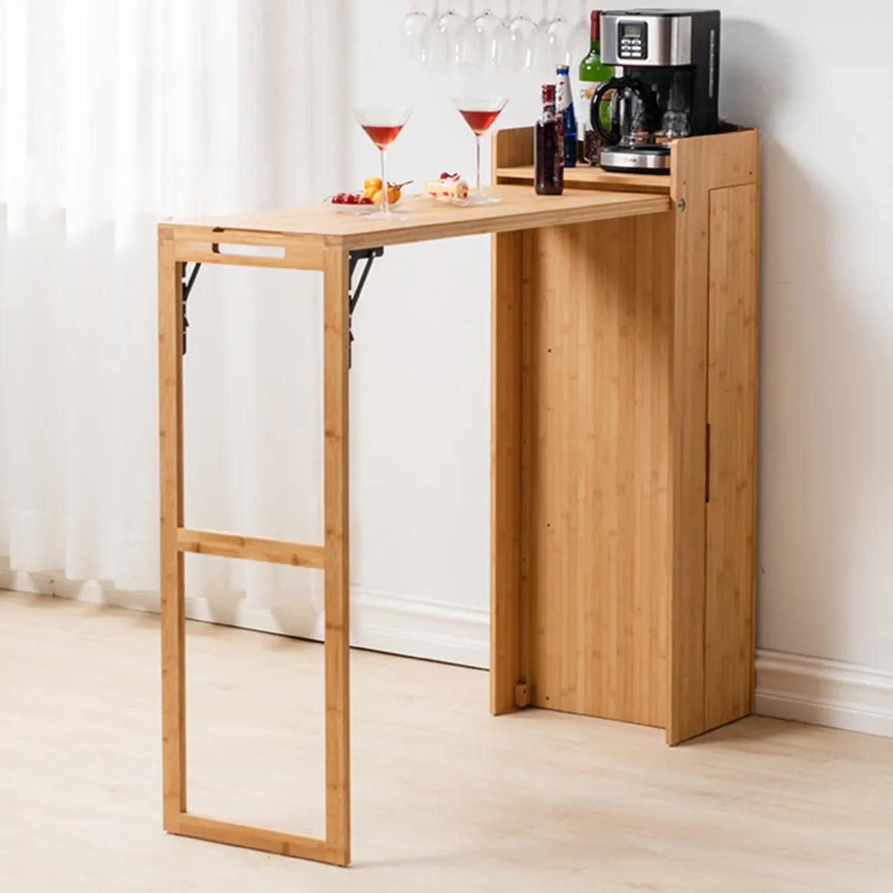 Manual Extension Brown Bamboo Storage Bar Tables