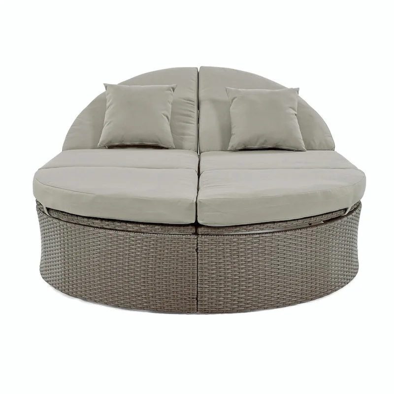 Rattan Patio Daybed with Cushions, Reclining Chaise Lounge, Foldable Trays