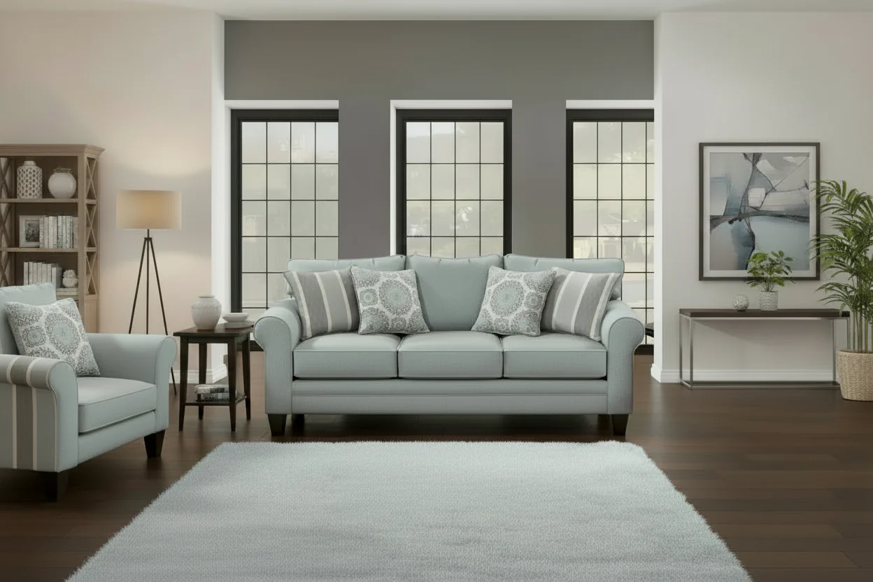 Light Blue/Grey Round Arm Sofa, Seats 3