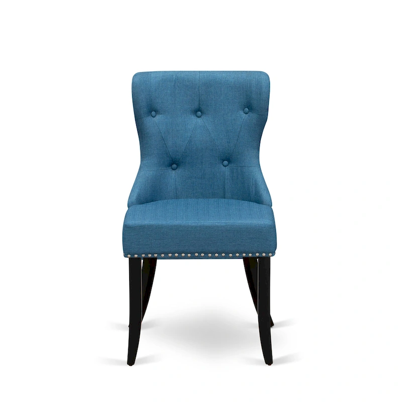 East West Furniture Kitchen Table Set- a Round Dining Table and Blue Linen Fabric Parson Chairs, Black(Pieces Options)