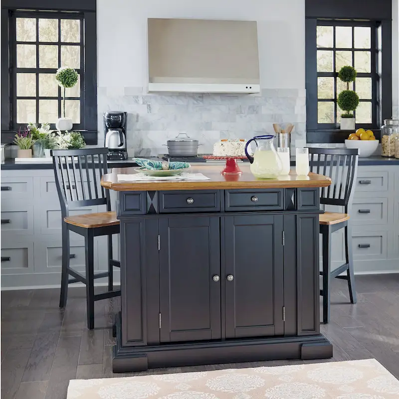 Black Kitchen Island Set with 2 Stools - Distressed Oak Top