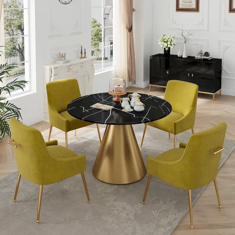 Clihome 5 Piece Black Marble Top Table with Velvet Dining Chair Set