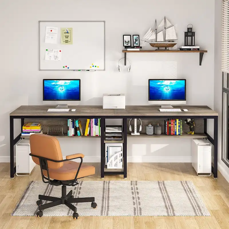 Rustic Brown Two Person Desk with Storage Shelves for Adults