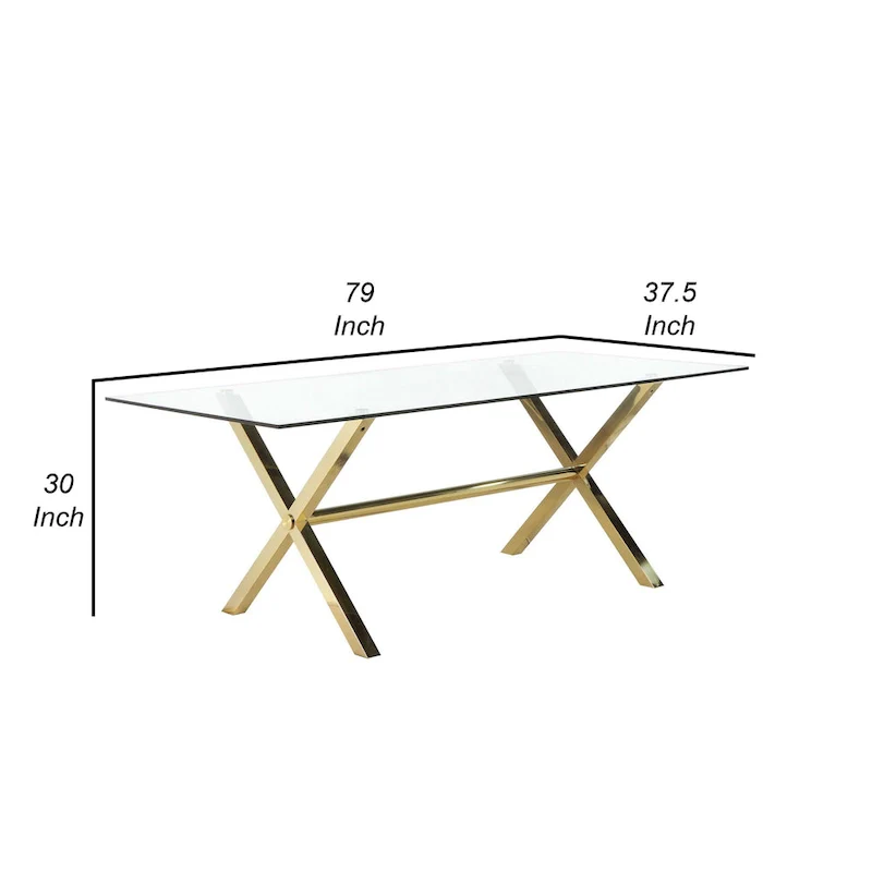 Tia 79 Inch Dining Table, Rectangular Tempered Glass Top, Gold, Clear
