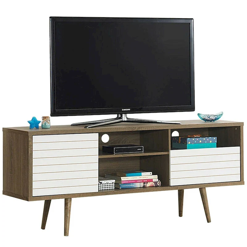 Modern TV Stand Console Cabinet with 3 Shelves, Storage Drawer and Cabinet - Oak & White