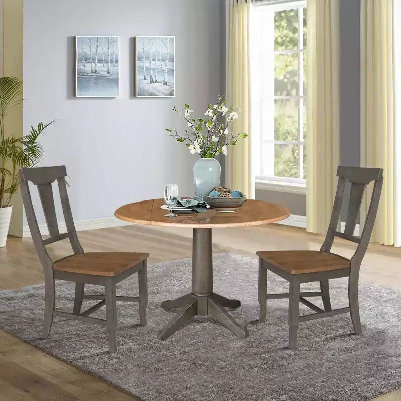 42" Round Dual Drop Leaf Dining Table with 2 Panel Back Chairs Hickory/Washed Coal - International Concepts