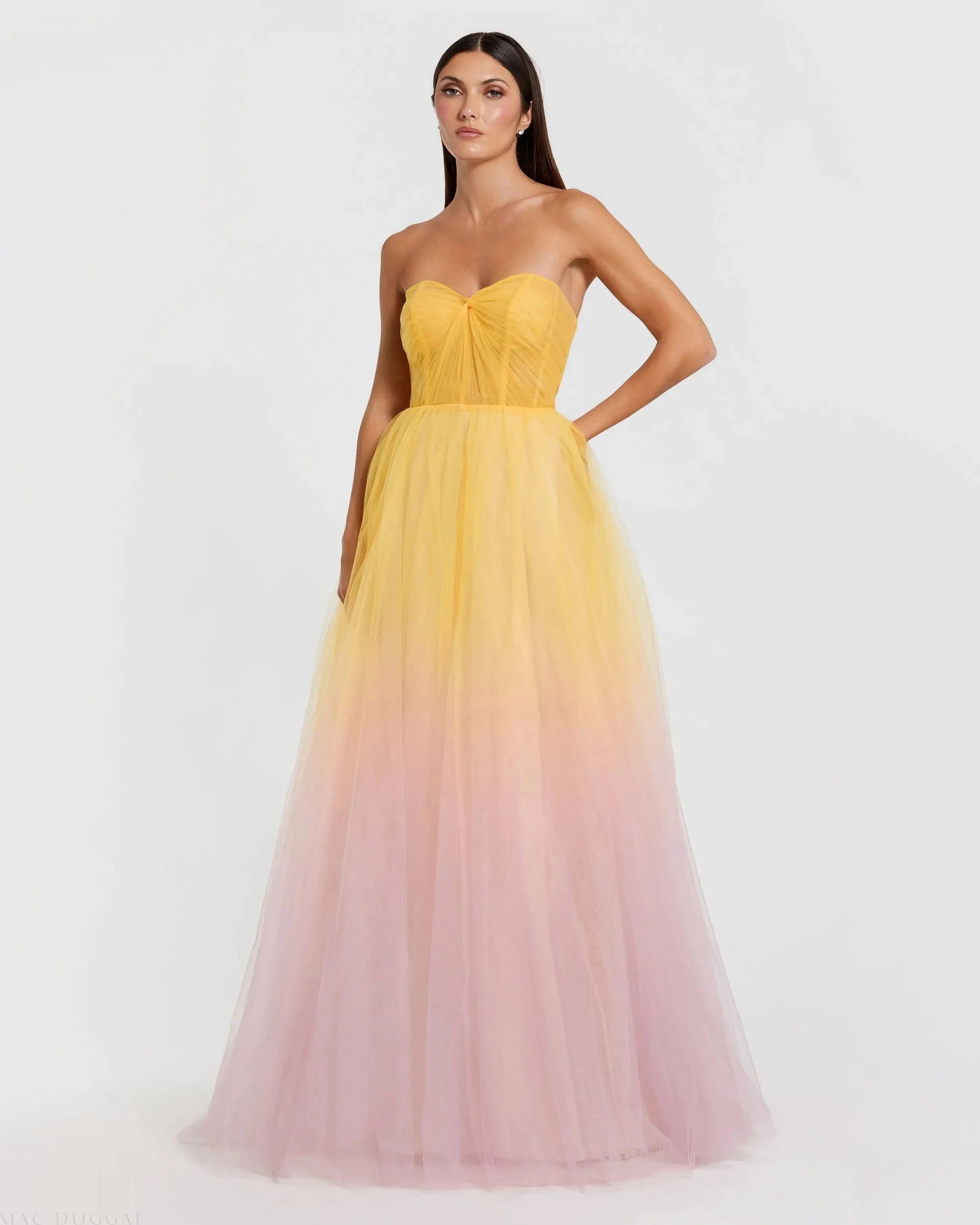 Yellow and Pink Strapless Corset Ombre Tulle Ballgown