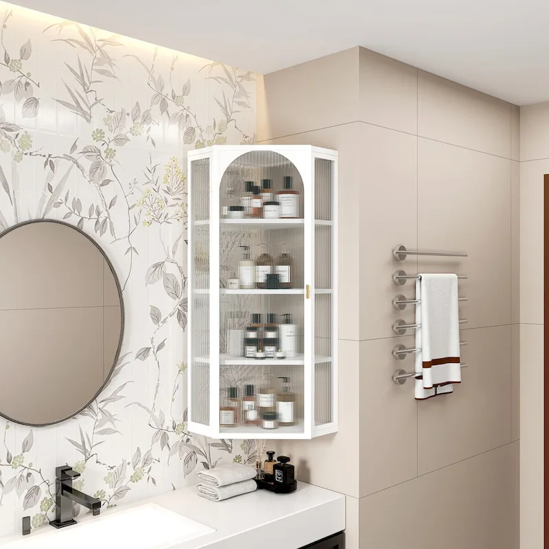 White Polished Glass Door Wall-Mounted Corner Cabinet – 4-Tier