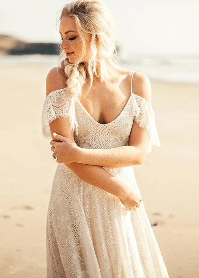Boho Spaghetti Straps Sleeveless A Line Lace Wedding Dresses