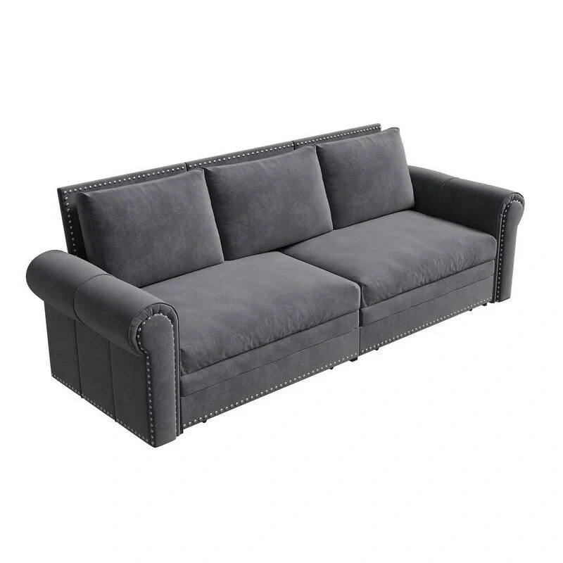3-in-1 King Pull Out Sofa Bed Chesterfield Sofa, Velvet/Faux Leather Convertible Sleeper Sofa with Nailhead Trim & Rolled Arm