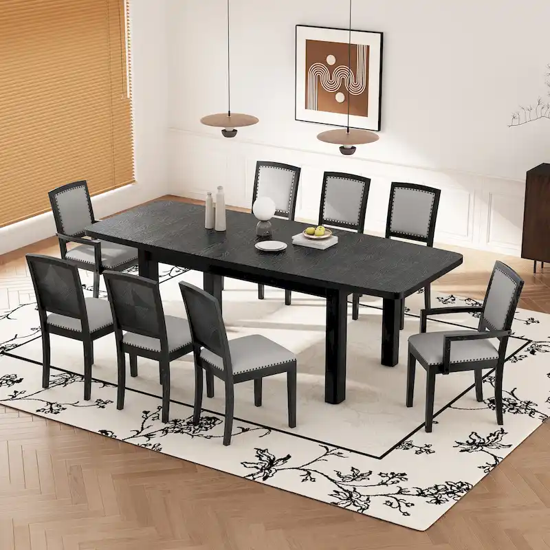 Brown Extendable Dining Table with 8 Upholstered Chairs