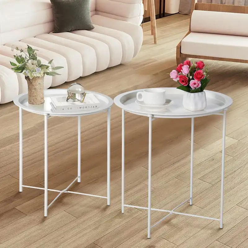 Javlergo Set of 2 Folding Round TV Tray Tables, Small Round Steel Side Table, No Assembly Required - 18.5 x 18.5 x 19.7 in