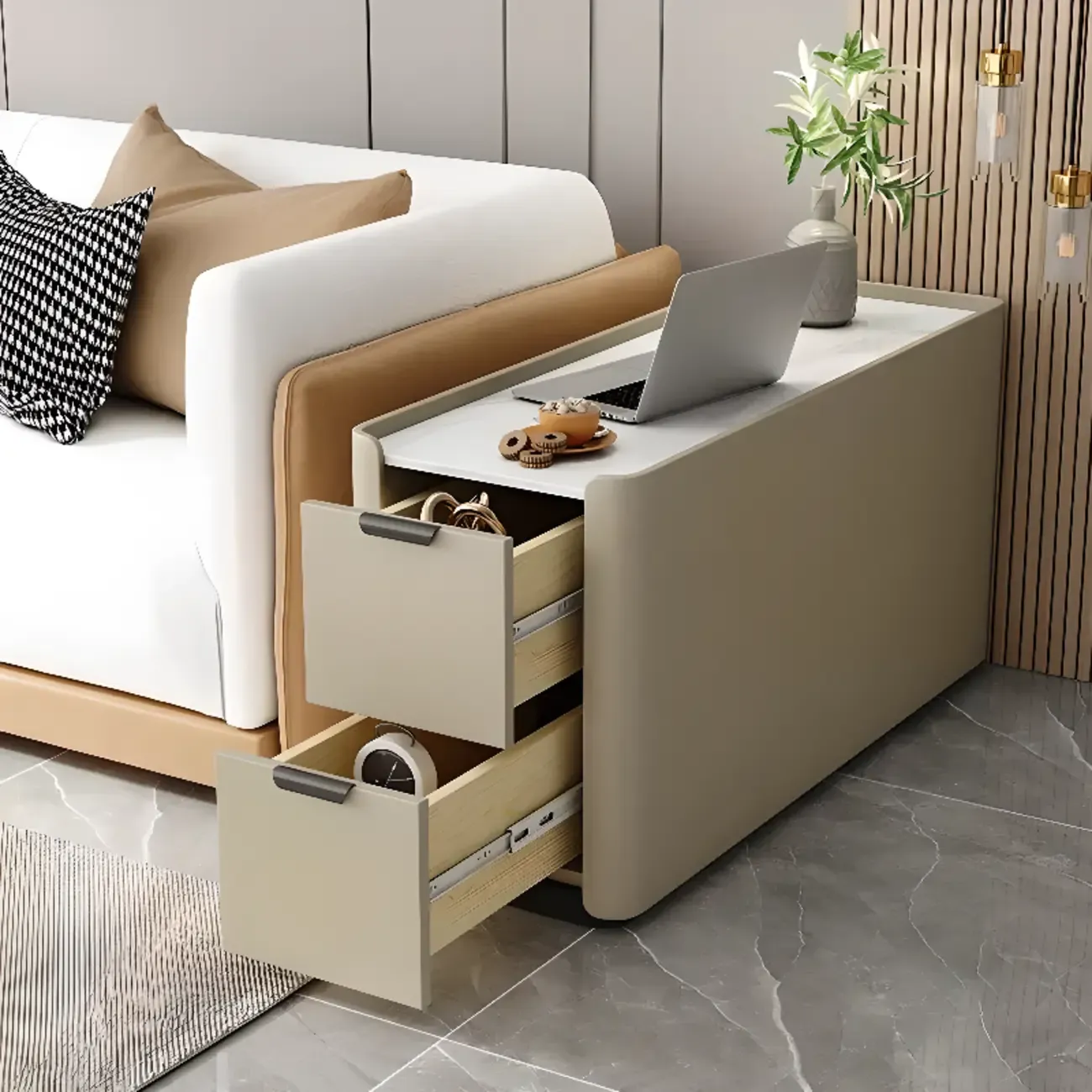 Compact Khaki Stone Top 2-Drawer Wood Block Side Table