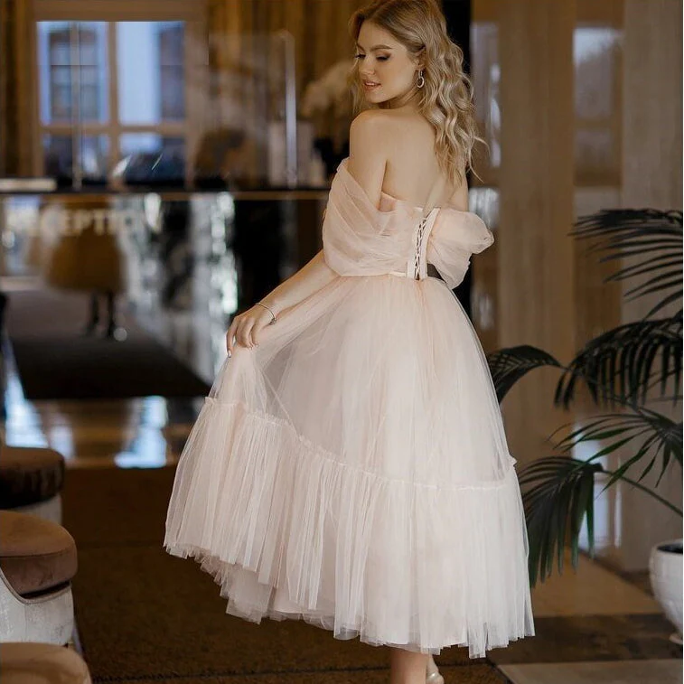 A Line Pink Tulle Tea Length Prom Dress
