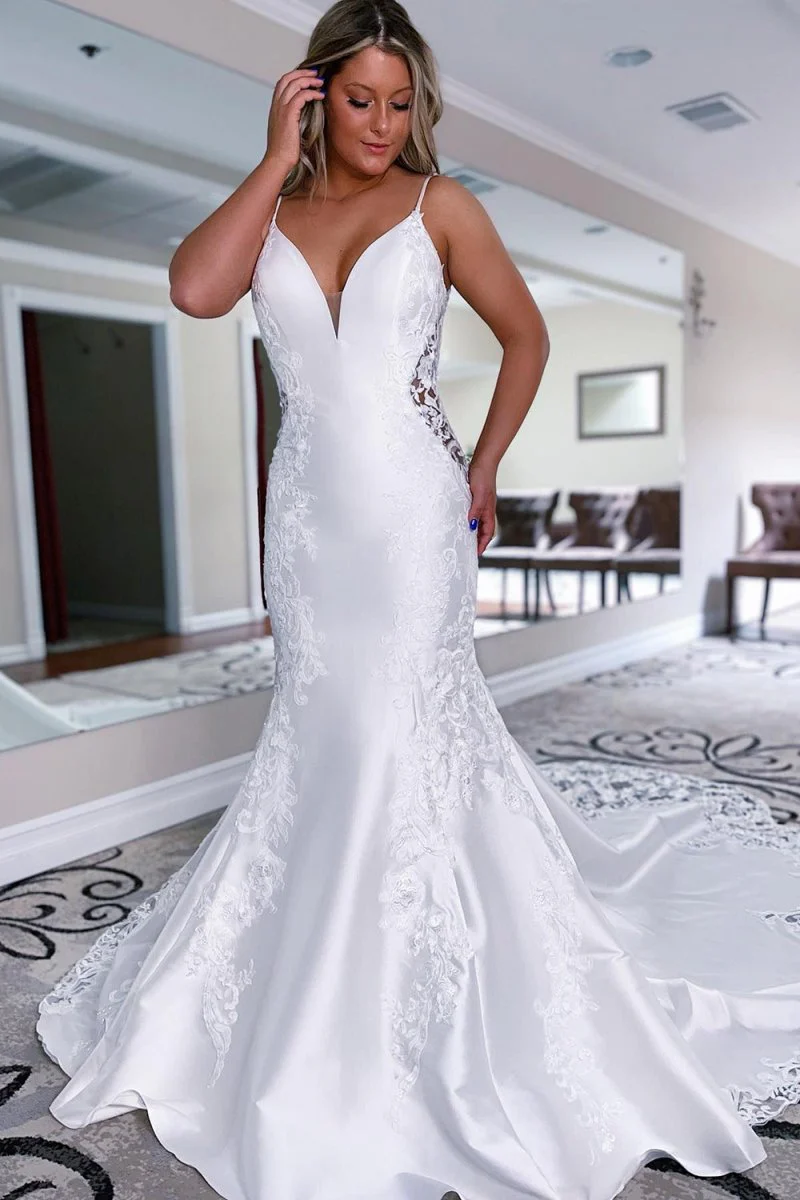 White Mermaid Long Satin Wedding Dress with Appliqued