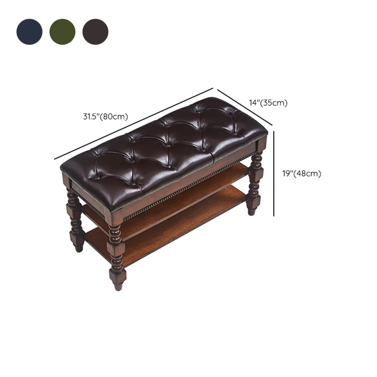 Antique Genuine Leather Flip-up Wood Bench with 2 Shelves