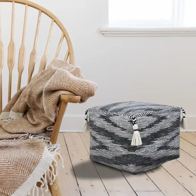 Gray Geometric Pouf Ottoman - Cotton Cube Footstool with Tassels