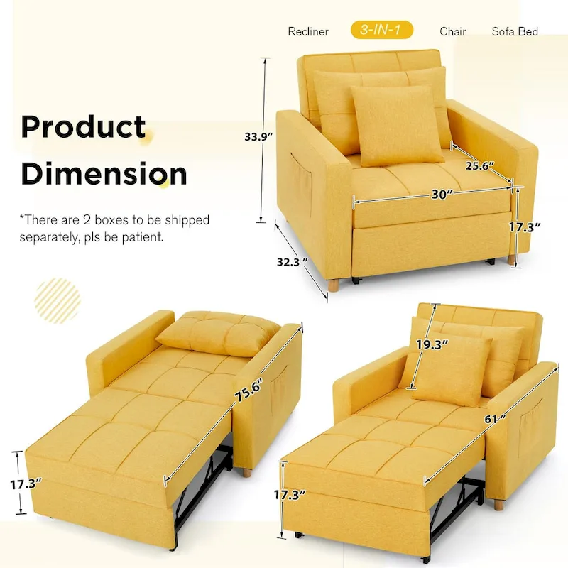 AECOJOY Adjustable Sleeper Chair Bed 3-in-1 Convertible Futon Sofa