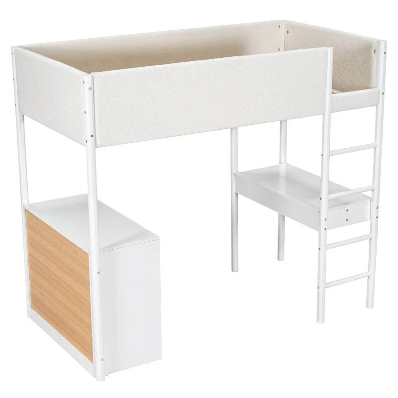 Twin Size Teddy Fleece Loft Bed with Desk and Drawers