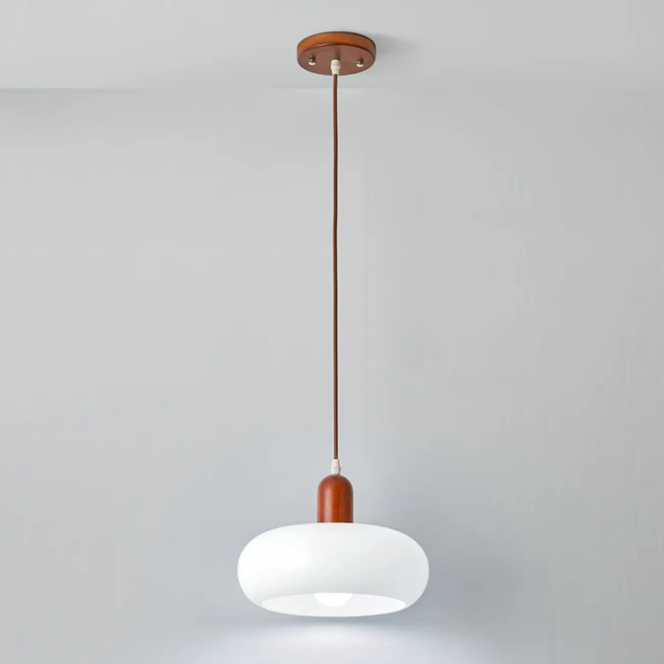 Modern White Glass Pendant Light with Solid Wood Accent