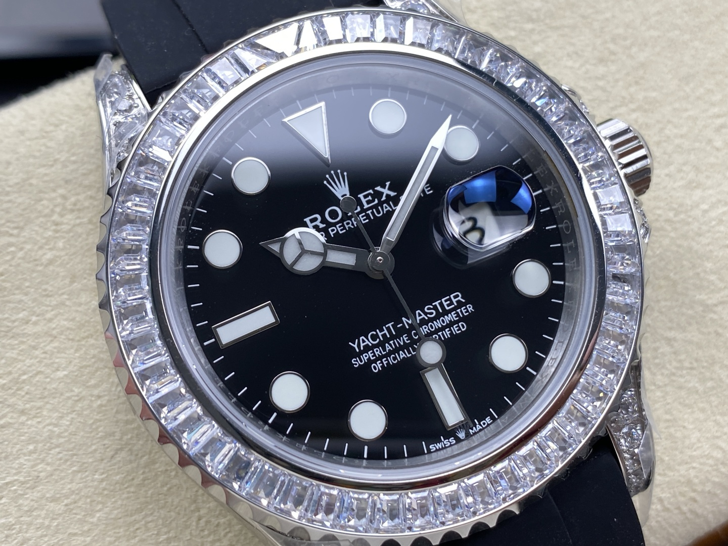 Close-up of rolex super clone yacht-master dial with diamond bezel and black face