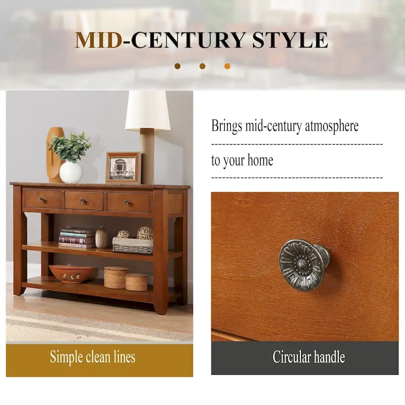 Modern Solid Pine Wood Top Console Table with 3 Drawers and 2 Shelves