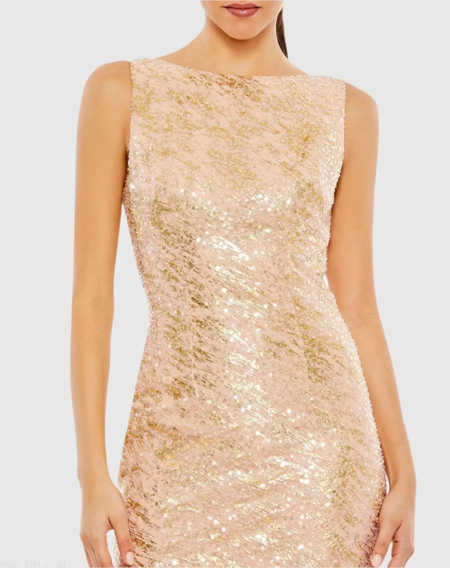Pink Metallic Sequin Boat Neck Trumpet Gown with Cowl Back