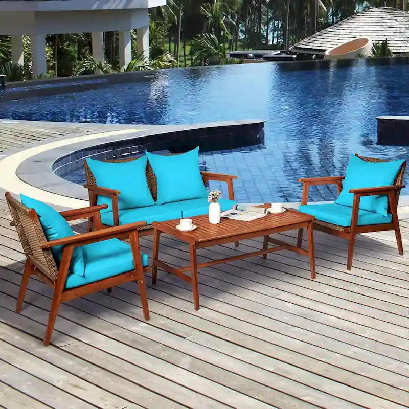 Costway 8PCS Patio Rattan Furniture Set Acacia Wood Frame Cushioned
