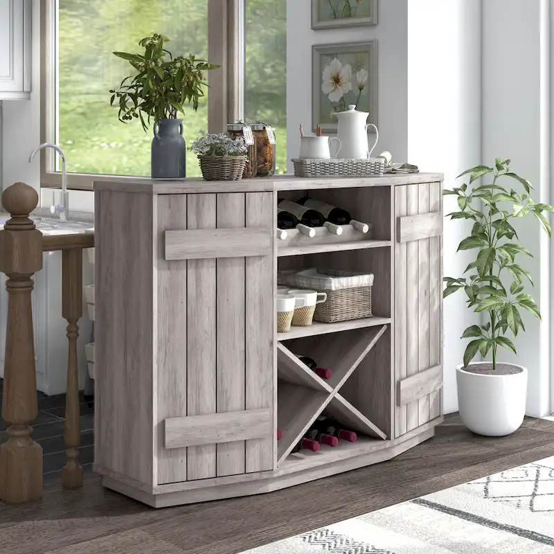 DH BASIC Farmhouse Plank-Style 28-Bottle 47-Inch Wine Cabinet Buffet by Denhour