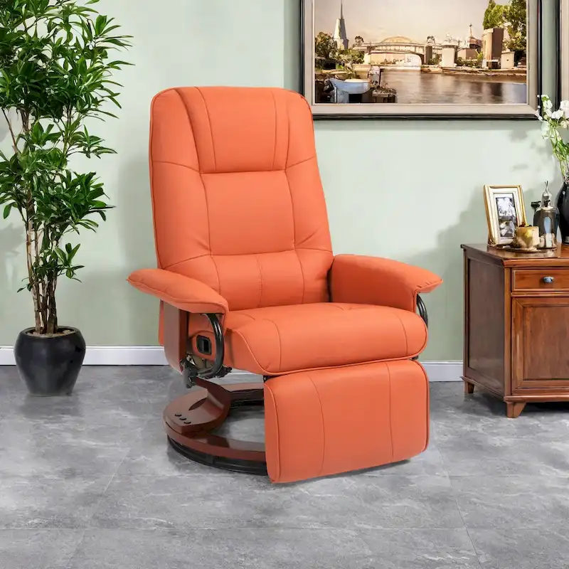 Faux Leather Manual Swivel Recliner Chair with Footrest, Armrest and Wrapped Wood Base