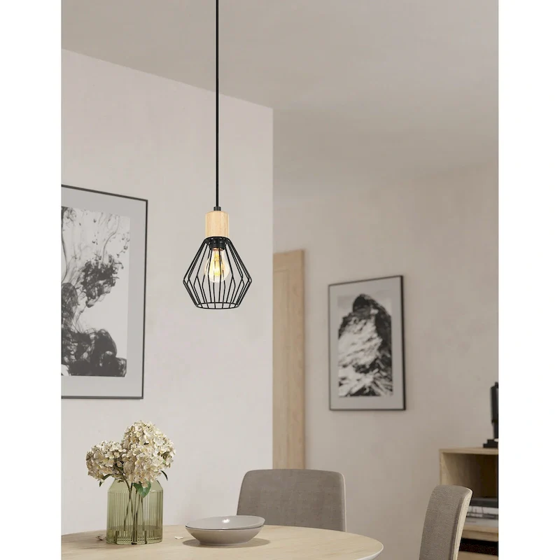 Palmorla - 1-Light Pendant - Black Finish with Wood Accent - 6.25 L X 6.25 W X 6.30 H