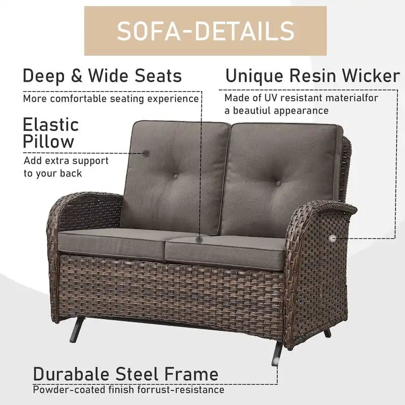 Patio Glider Loveseat Coffee Table, Swivel Chair and Ottomans - Brown