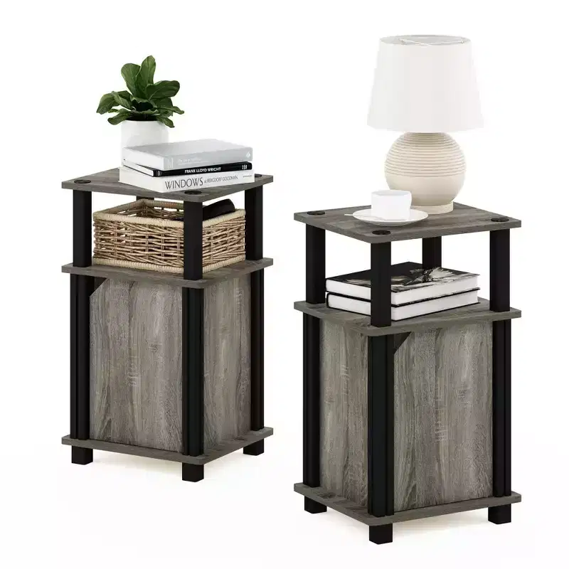 Furinno 2PCS Mid-Century 3-Tier Sofa Side Telephone Table Nightstand Accent End Table w/Storage Cabinet&Open Display Bookshelf,French Oak/Black
