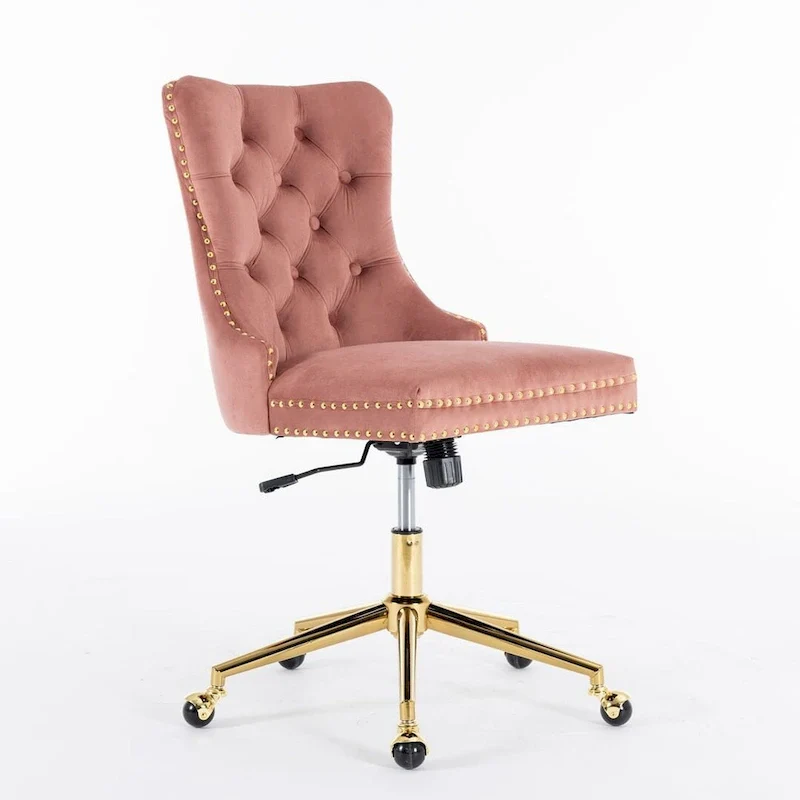 Beige / Black / Pink / Grey Velvet Tufted Button Swivel Office Chair with Gold Metal Base & Adjustable Height – 1-Person