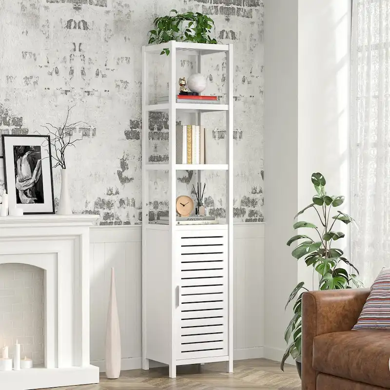 Bamboo Narrow Bathroom Storage Cabinet, 6-Tier 67 Inch Tall Floor Standing Tower with Shutter Door and Open Shelves
