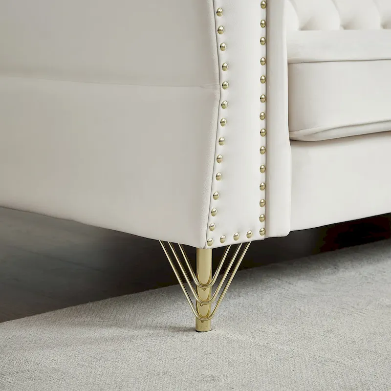 Beige 60.2 Velvet 2 Seater Sofa Couch with Metal Feet, 2 Pillows, Nailhead Trim, Solid Wood Frame and Foam Padding