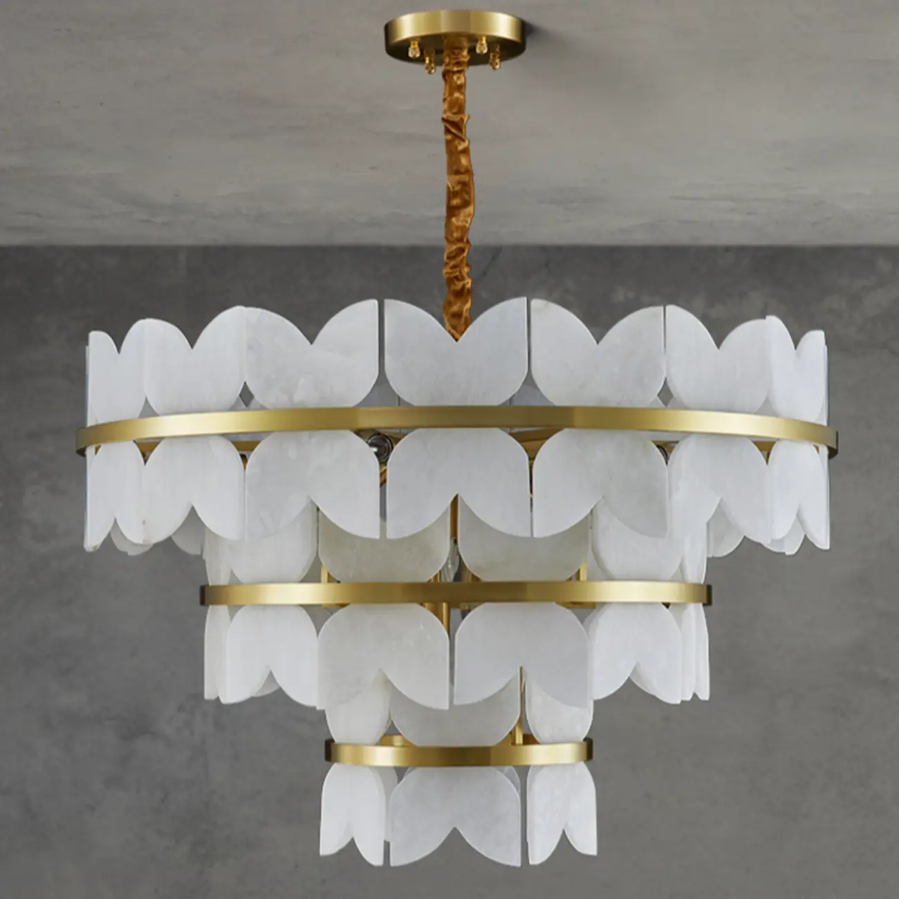 Luxurious Round Gold Tiered Alabaster Chandelier