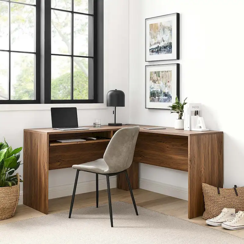 L-Shaped Wood Office Desk with Pull-Out Keyboard Tray