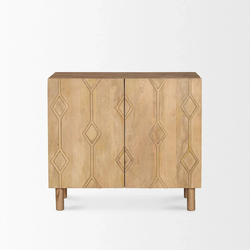 Light Brown Solid Wood Accent Cabinet with CNC Diamond Motif Doors & Shelf, 36x16x32 in