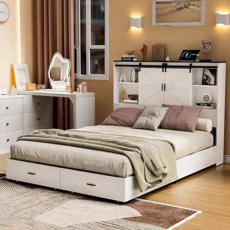 White Farmhouse Queen Bed Frame with Storage, For 1-2 People
