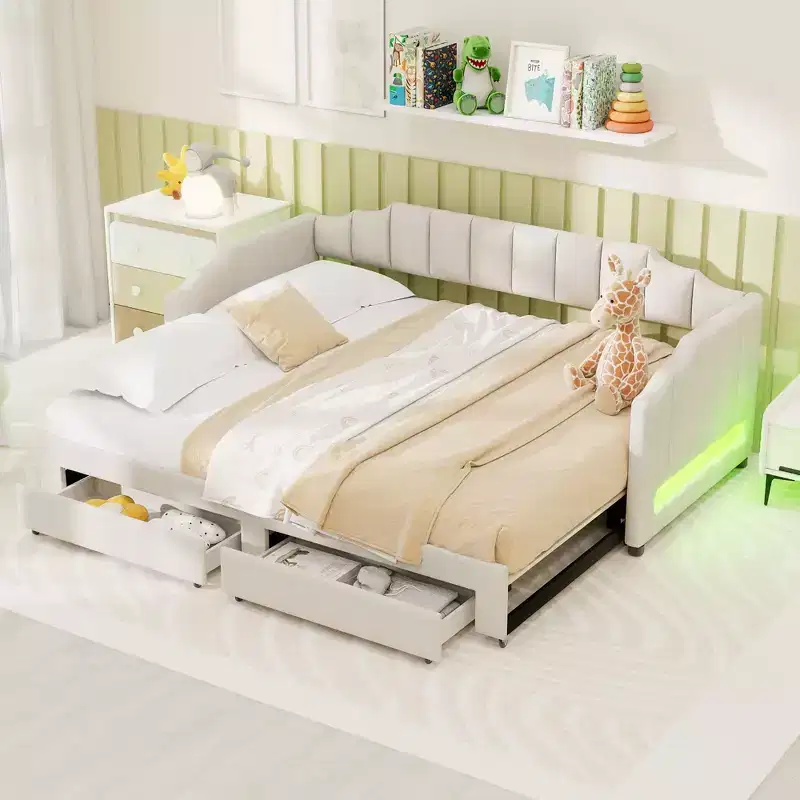 Whisen Twin XL Upholstered Daybed with 2 Storage Drawers, Extendable to King