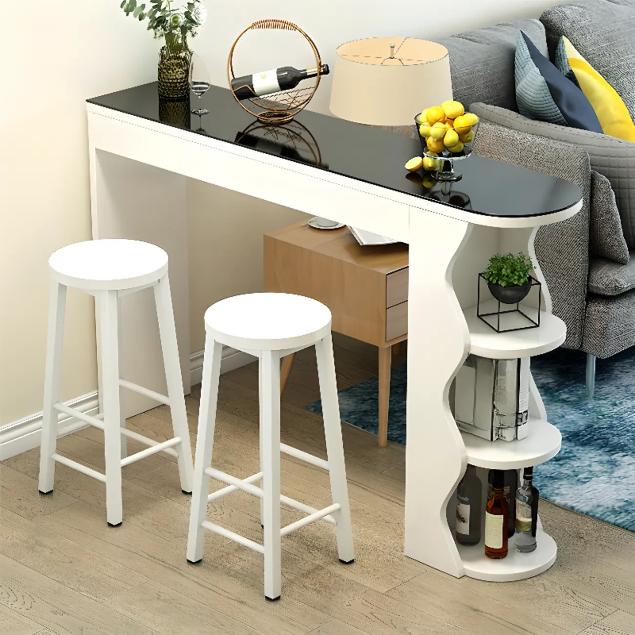 Modern Black-White Wooden Asymmetrical Shelves Bar Tables